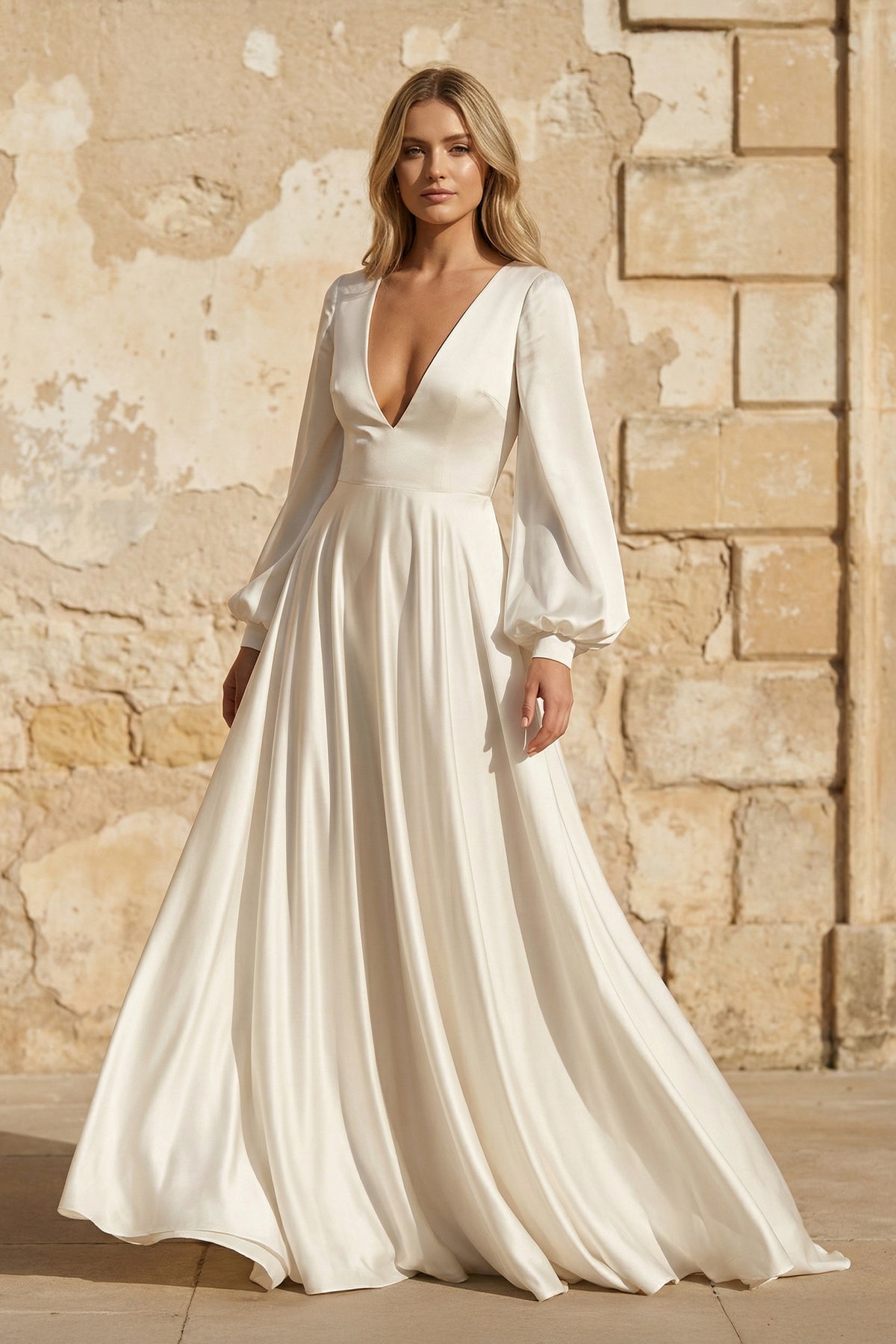 Robe de mariée ivoire trapèze en satin à col V manches longues - Harana