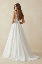 Robe de mariée blanche trapèze en satin à col V sans manches - Harana