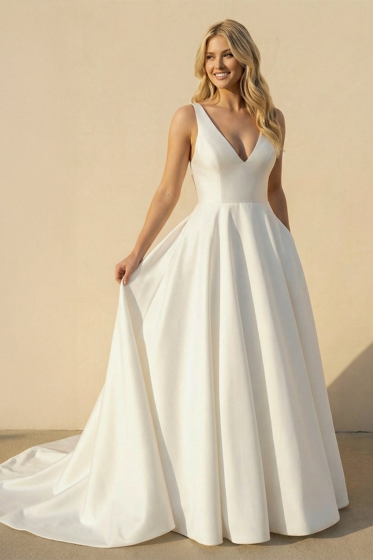 Robe de mariée blanche trapèze en satin à col V sans manches - Harana