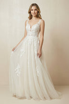Robe de mariée ivoire trapèze en tulle à col V sans manches - Harana