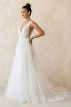 Robe de mariée blanche trapèze en tulle à col V sans manches - Harana