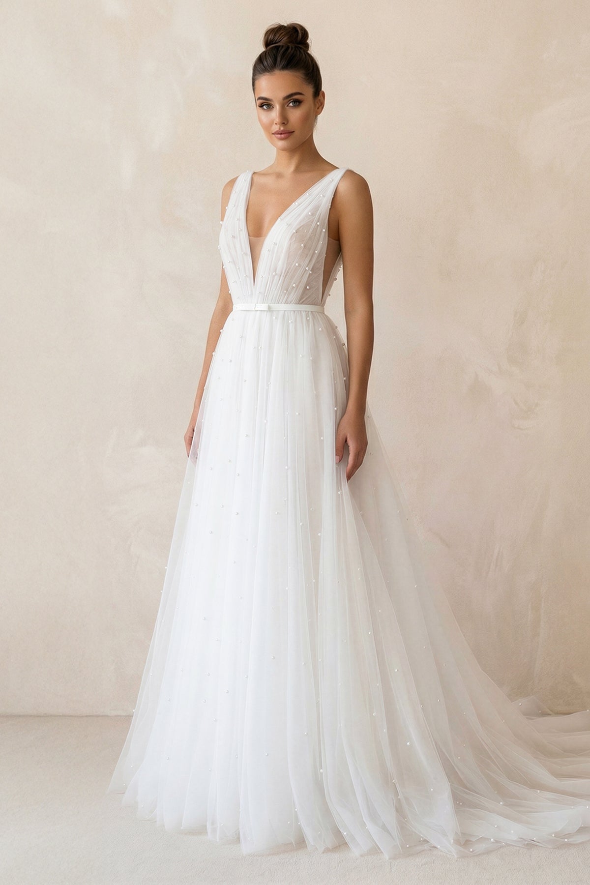 Robe de mariée blanche trapèze en tulle à col V sans manches - Harana