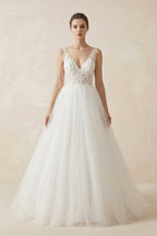 Robe de mariée blanche trapèze en tulle à col V sans manches - Harana