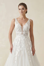 Robe de mariée blanche trapèze en tulle à col V sans manches - Harana