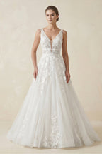 Robe de mariée blanche trapèze en tulle à col V sans manches - Harana