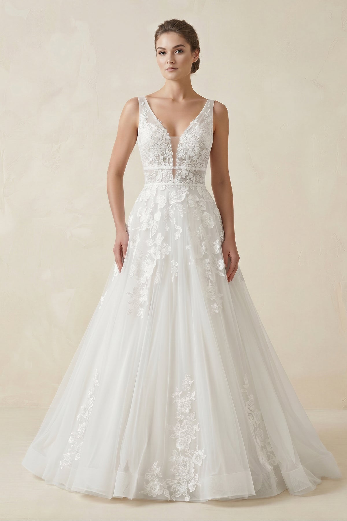 Robe de mariée blanche trapèze en tulle à col V sans manches - Harana