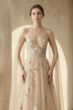 Robe de mariée champagne trapèze en tulle à col V dos nu - Harana