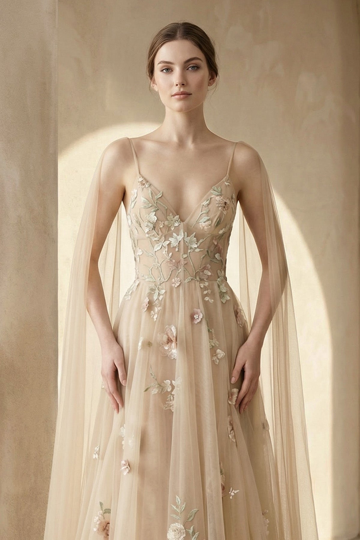 Robe de mariée champagne trapèze en tulle à col V dos nu - Harana