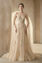 Robe de mariée champagne trapèze en tulle à col V dos nu - Harana