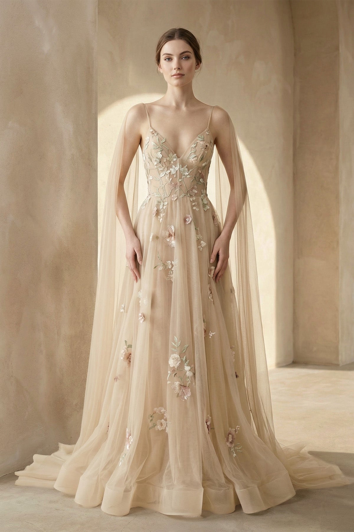 Robe de mariée champagne trapèze en tulle à col V dos nu - Harana