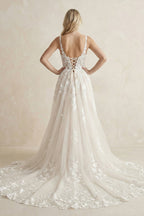 Robe de mariée blanche trapèze en dentelle à col V sans manches - Harana