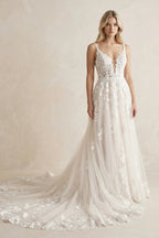 Robe de mariée blanche trapèze en dentelle à col V sans manches - Harana