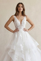 Robe de mariée blanc longue col V sans manches à volants - Harana