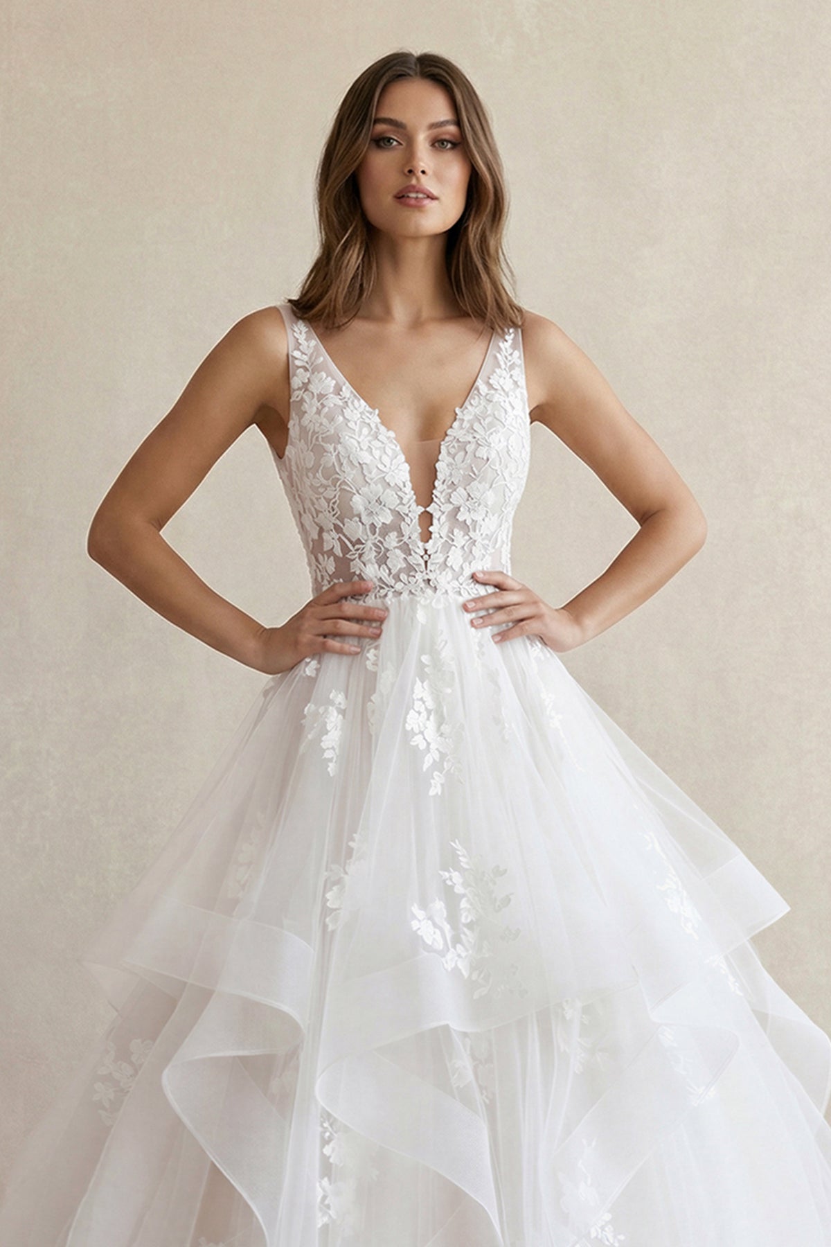 Robe de mariée blanc longue col V sans manches à volants - Harana