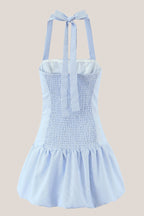 Robe bleue courte en coton coupe trapèze à col licou - Harana
