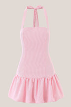 Robe rose courte en coton coupe trapèze à col licou - Harana