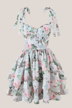 Robe bleue courte en dentelle et coton coupe trapèze à imprimé floral rétro - Harana