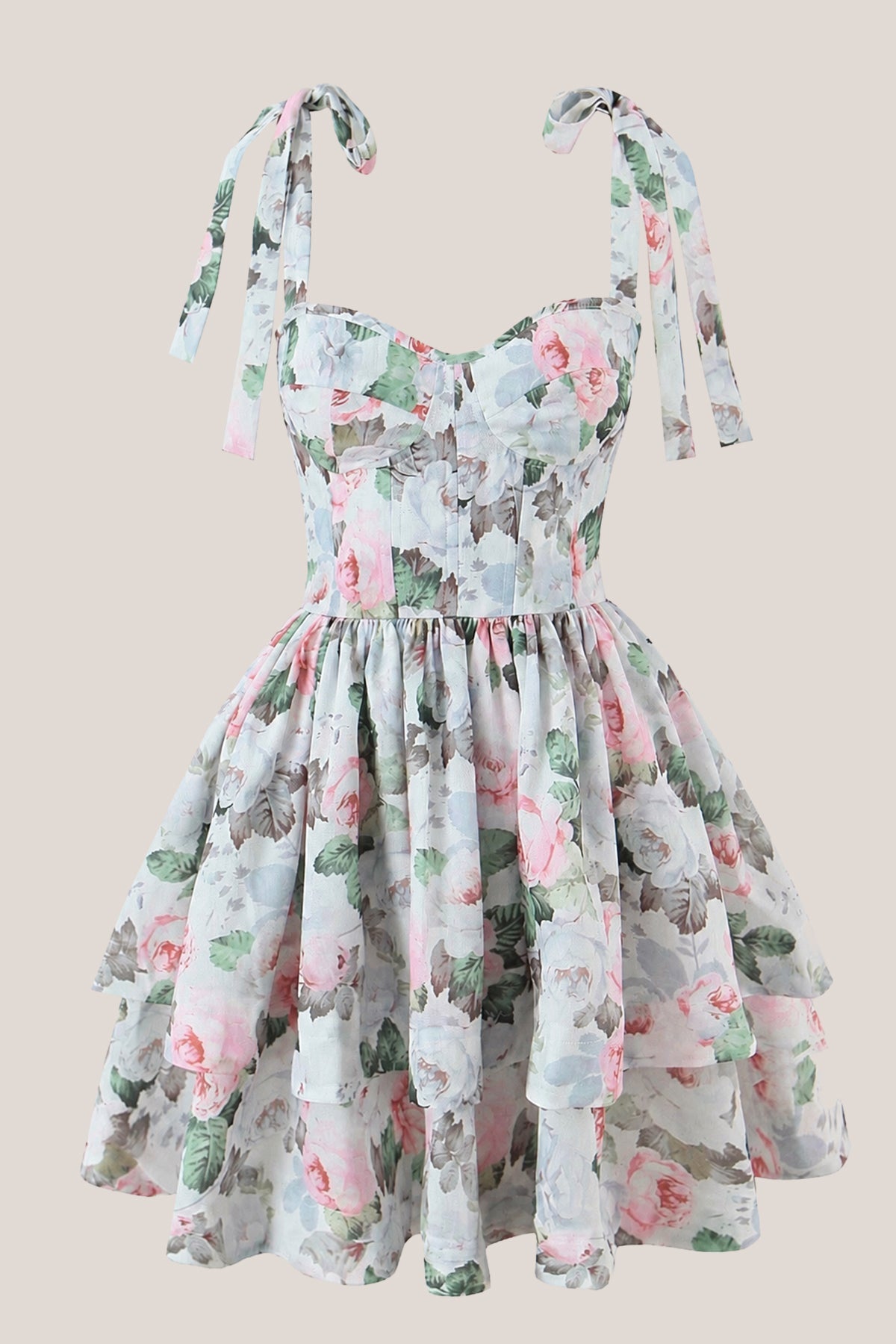 Robe bleue courte en dentelle et coton coupe trapèze à imprimé floral rétro - Harana