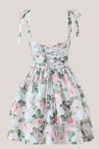Robe bleue courte en dentelle et coton coupe trapèze à imprimé floral rétro - Harana