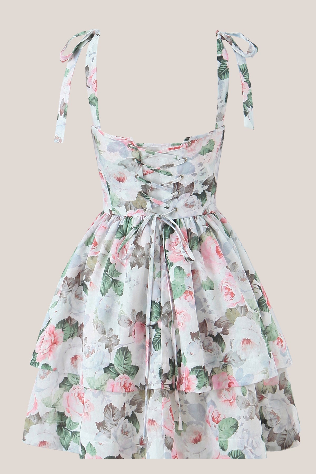 Robe bleue courte en dentelle et coton coupe trapèze à imprimé floral rétro - Harana