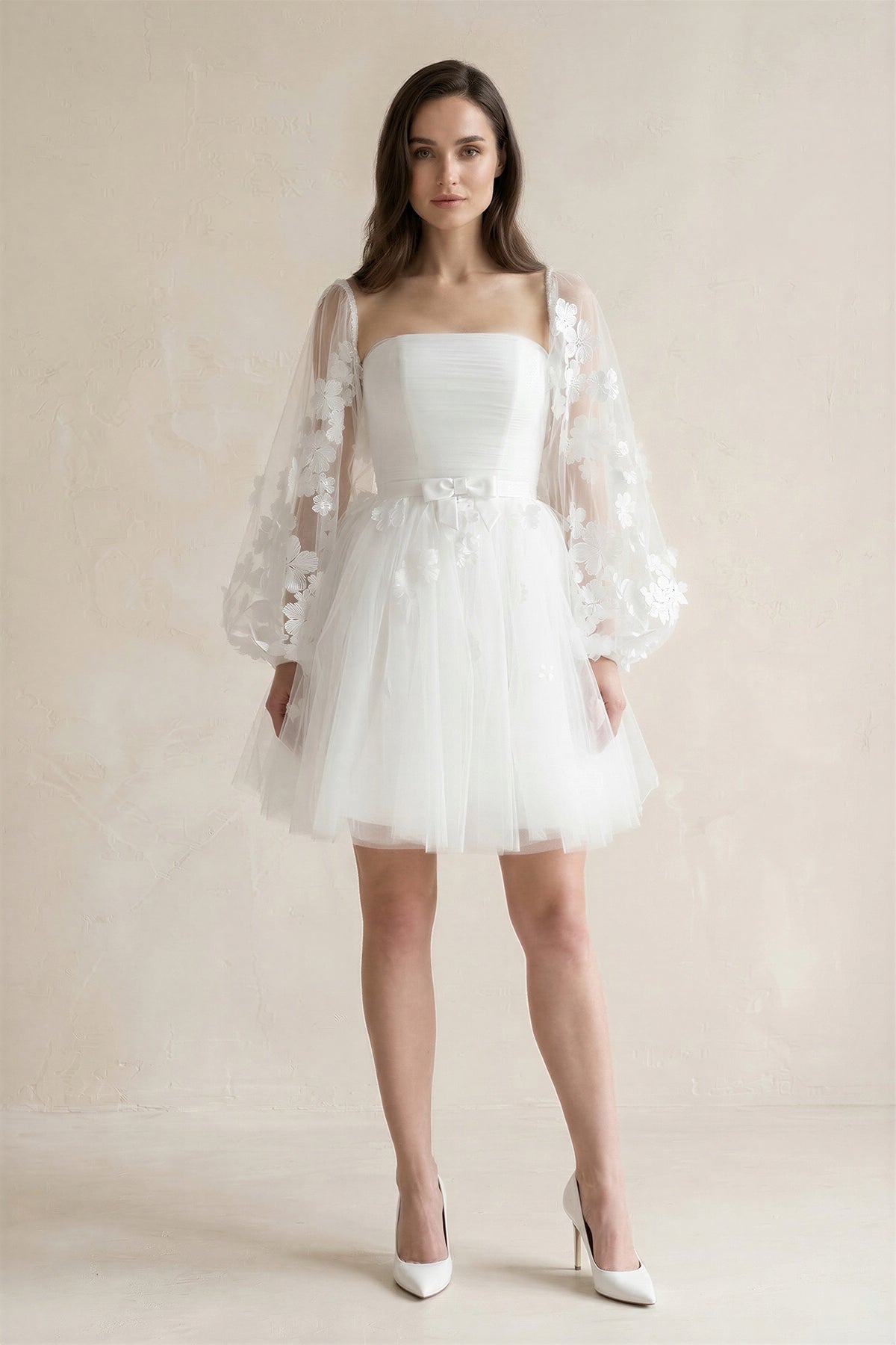 Robe de mariée courte blanc en tulle bustier à manches longues - Harana