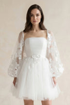 Robe de mariée courte blanc en tulle bustier à manches longues - Harana