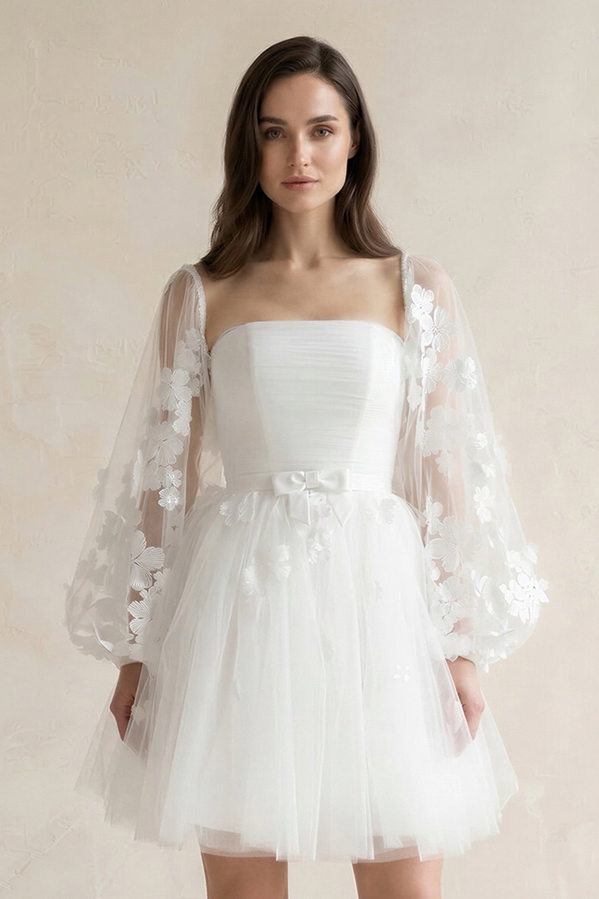 Robe de mariée courte blanc en tulle bustier à manches longues - Harana