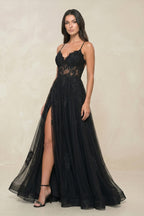Robe longue noire en tulle appliqué avec fente - Harana