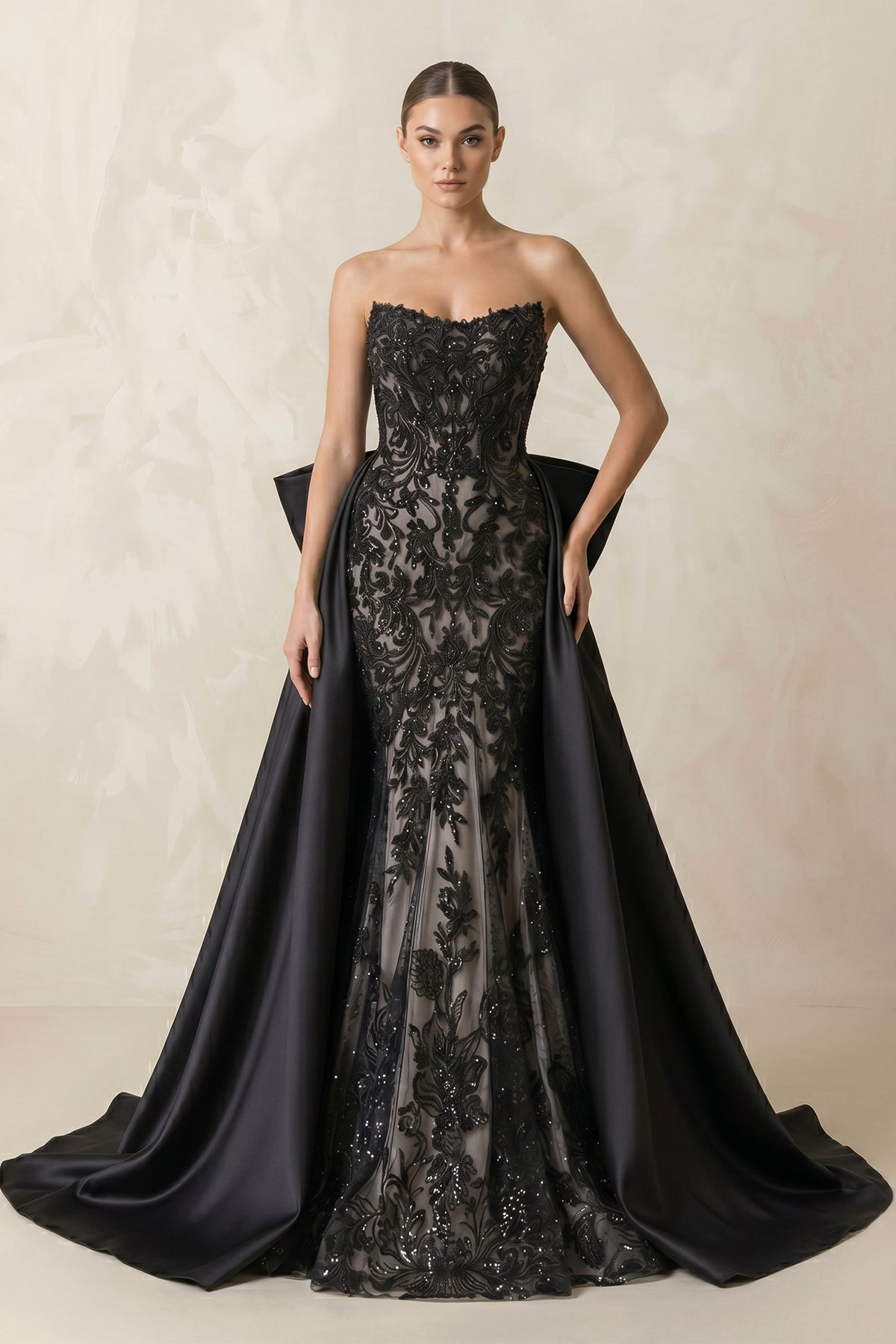 Robe de mariée noire sirène en dentelle bustier sans manches - Harana