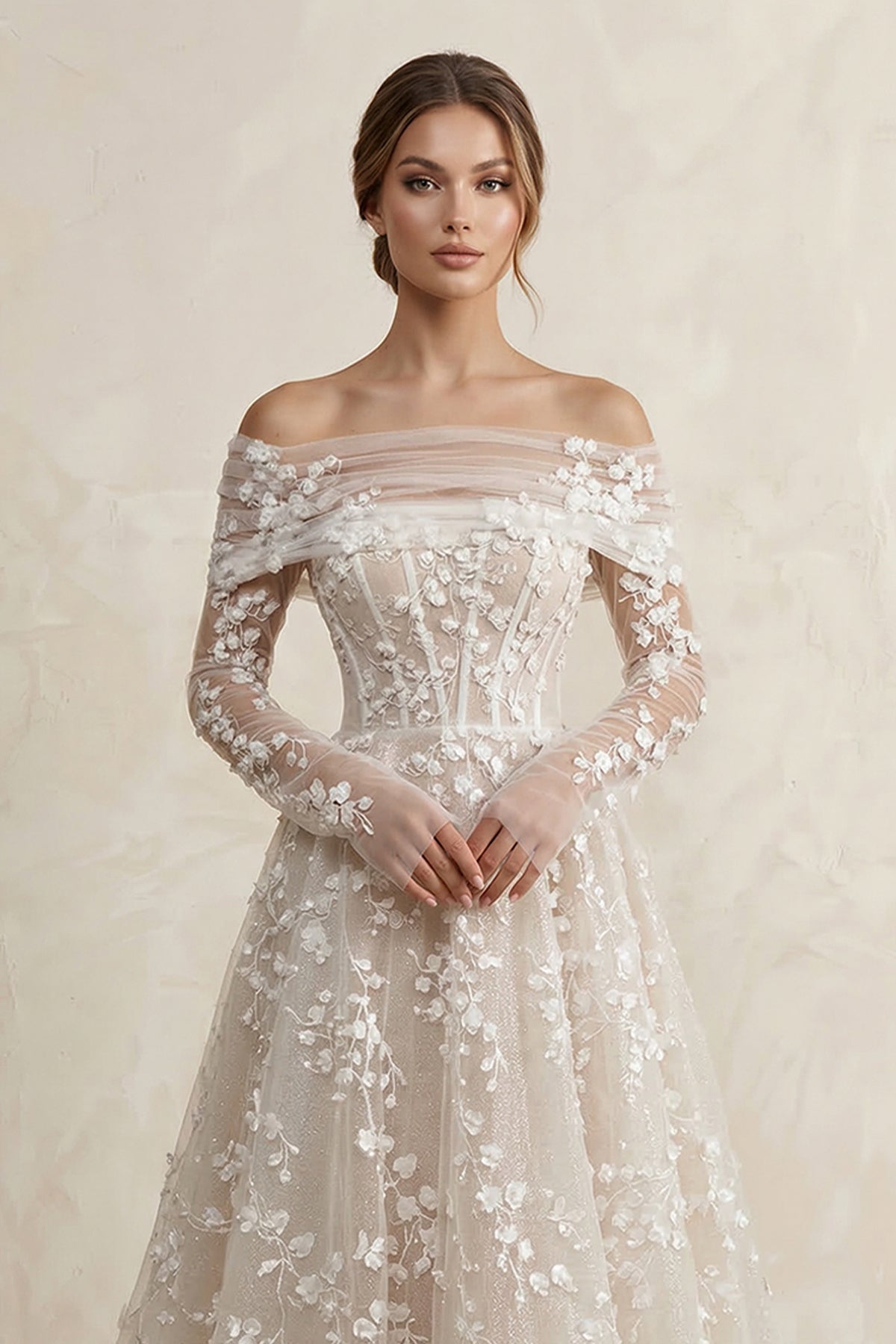 Robe de mariée ivoire trapèze en dentelle à épaules dénudées manches longues - Harana