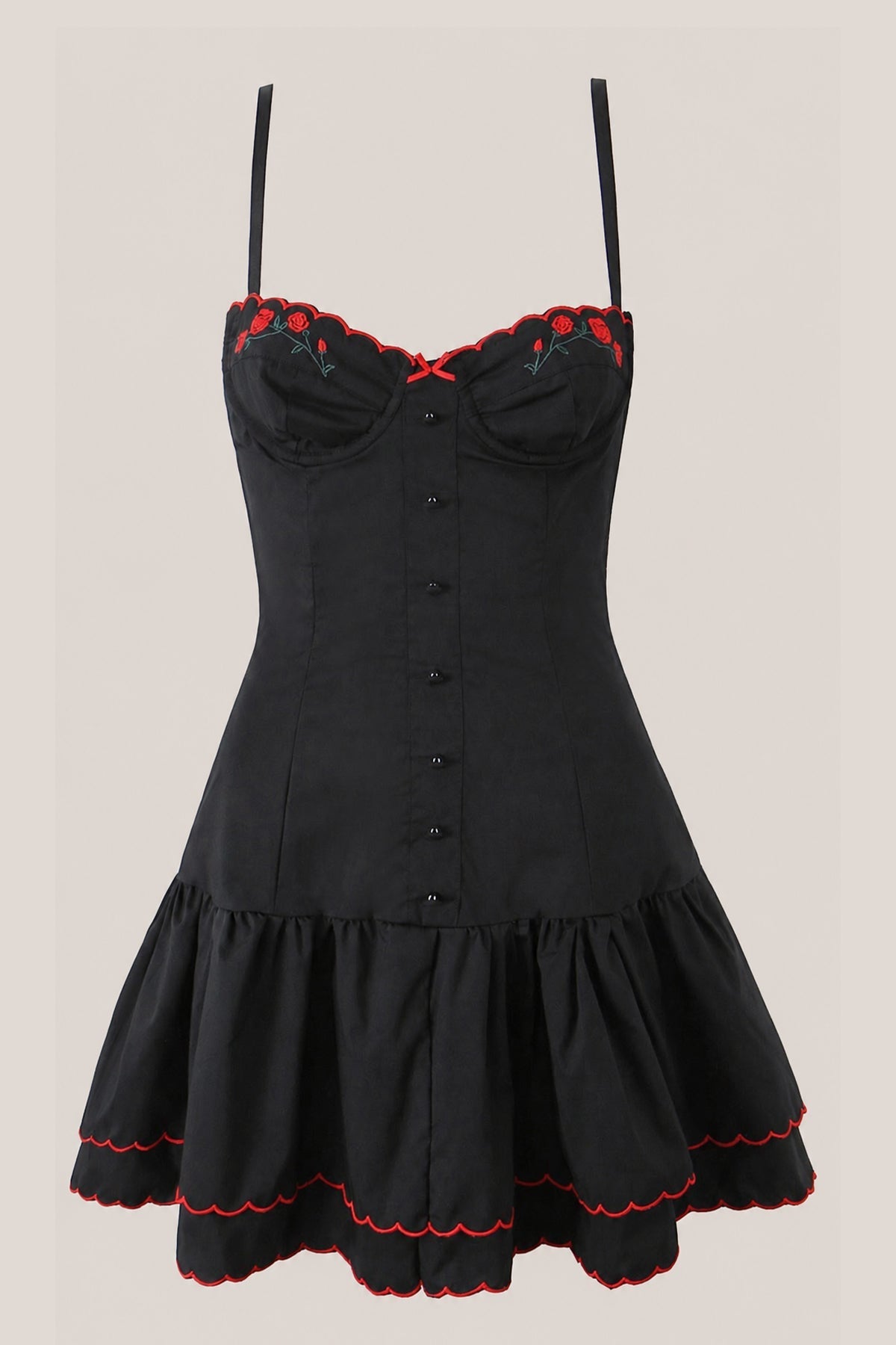 Robe noire courte en coton à décolleté cœur ornée de volants - Harana