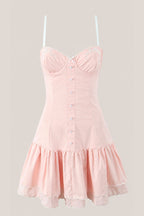 Robe rose courte en coton à décolleté cœur ornée de volants - Harana