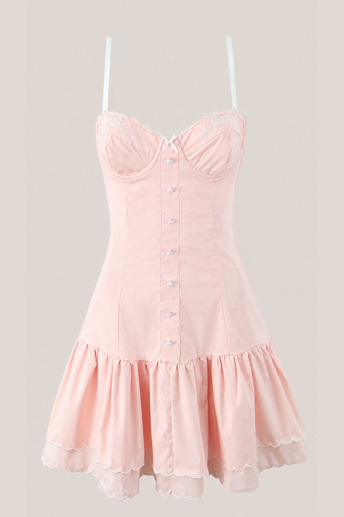 Robe rose courte en coton à décolleté cœur ornée de volants - Harana