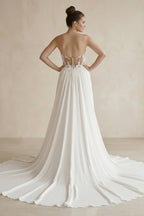 Robe de mariée ivoire trapèze en mousseline décolleté cœur sans manches - Harana