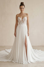 Robe de mariée ivoire trapèze en mousseline décolleté cœur sans manches - Harana
