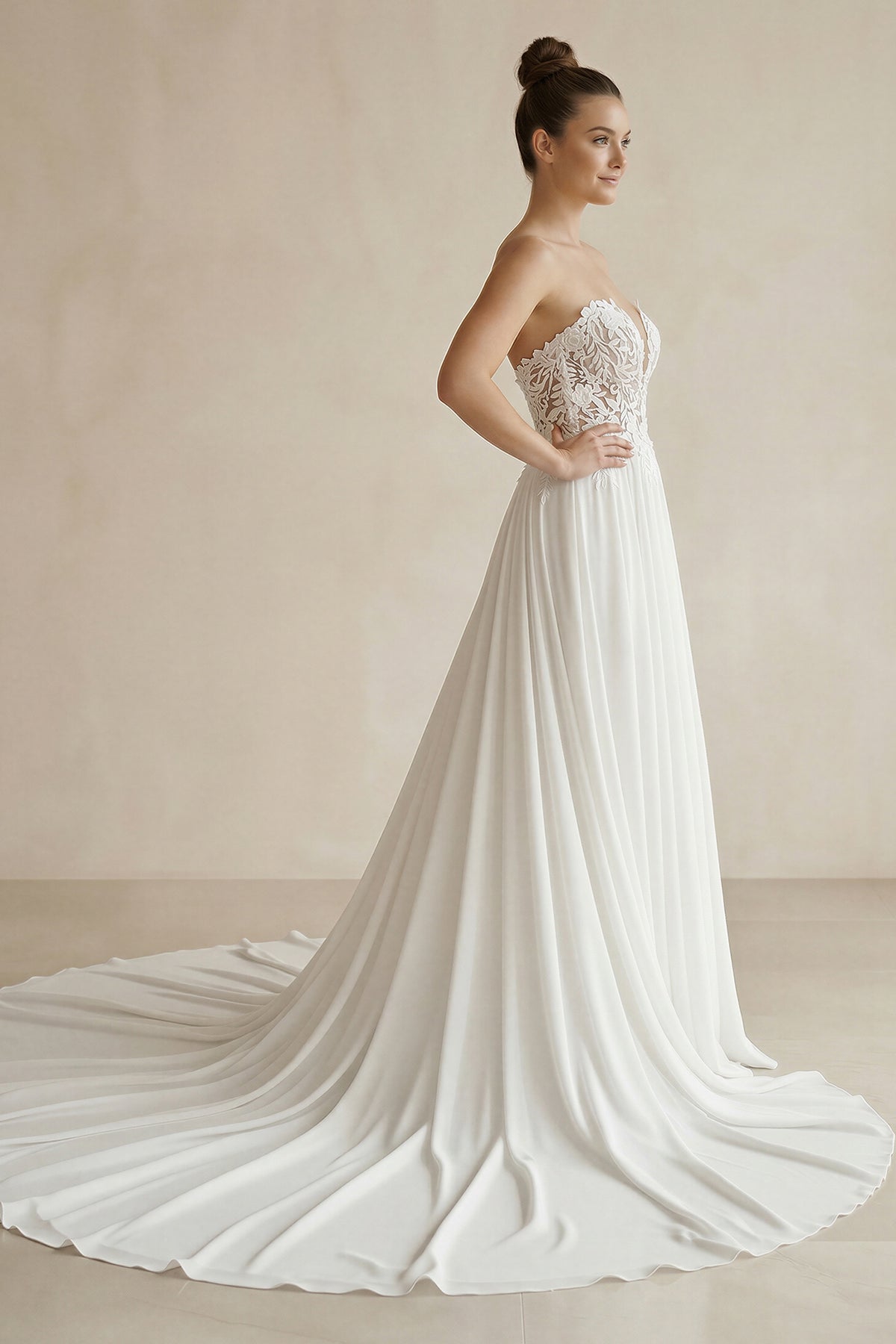 Robe de mariée ivoire trapèze en mousseline décolleté cœur sans manches - Harana