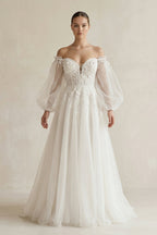 Robe de mariée blanche trapèze en satin à épaules dénudées bustier - Harana