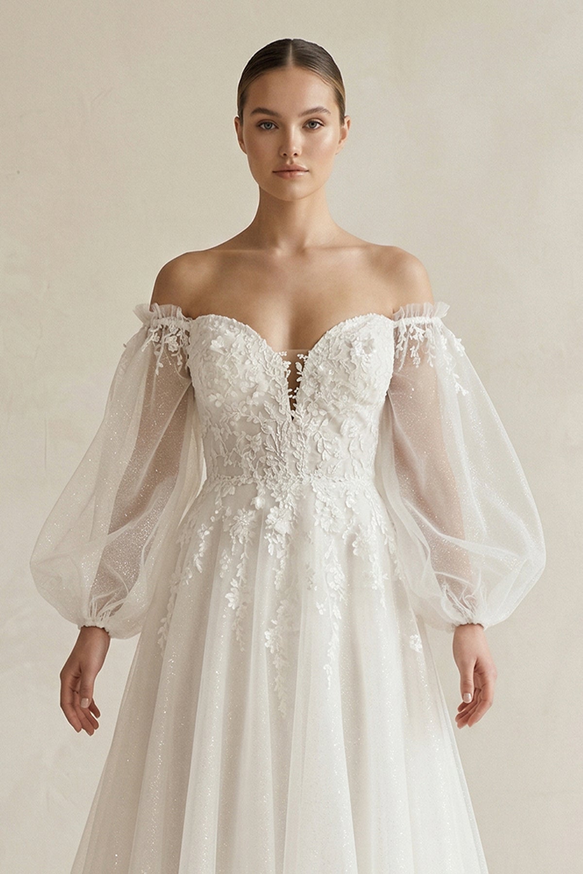 Robe de mariée blanche trapèze en satin à épaules dénudées bustier - Harana