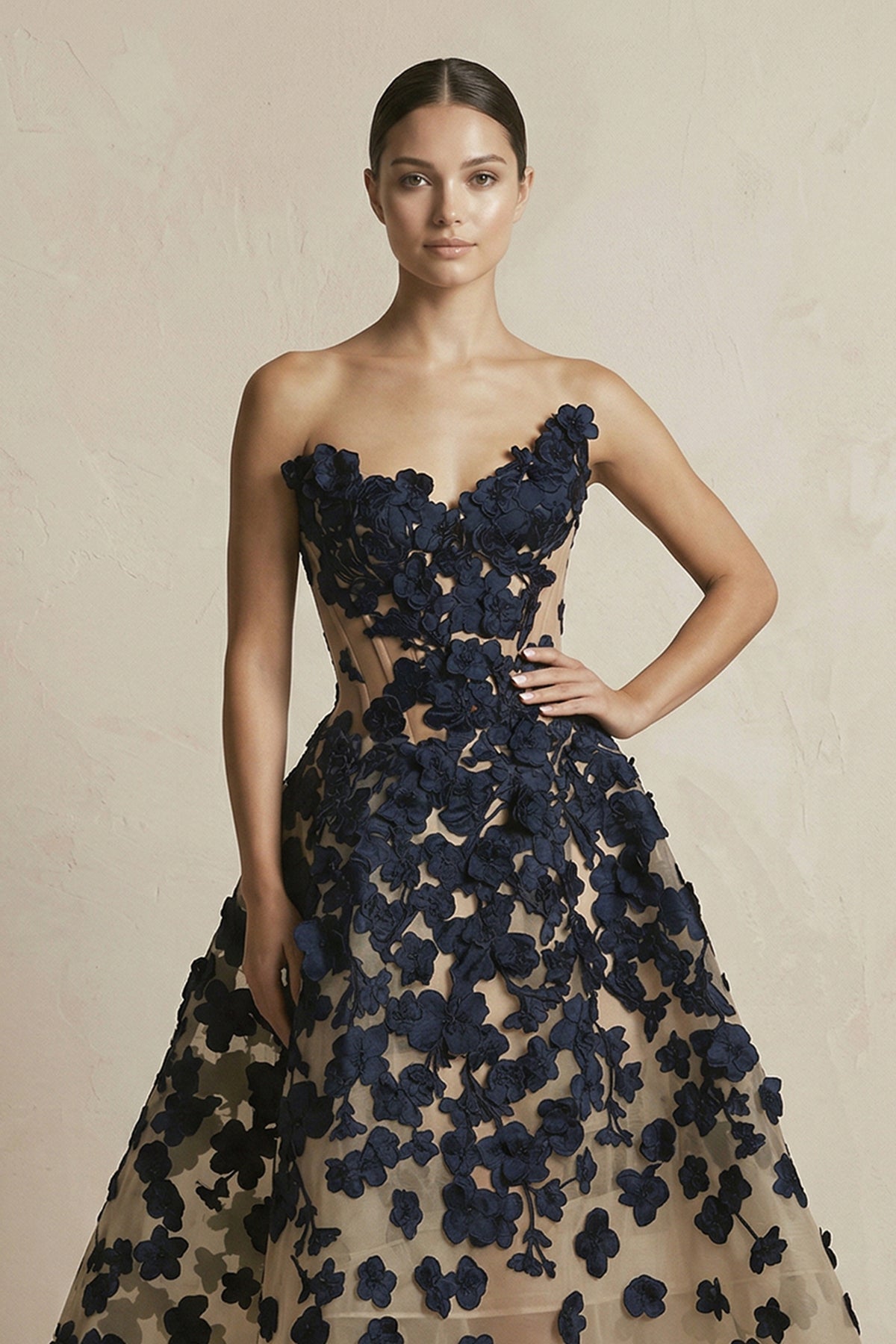 Robe de mariée noire et nude trapèze en tulle bustier à col - Harana