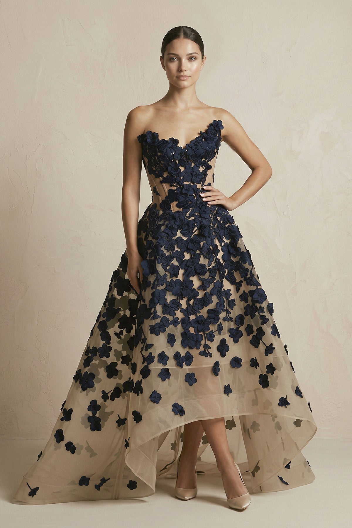 Robe de mariée noire et nude trapèze en tulle bustier à col - Harana