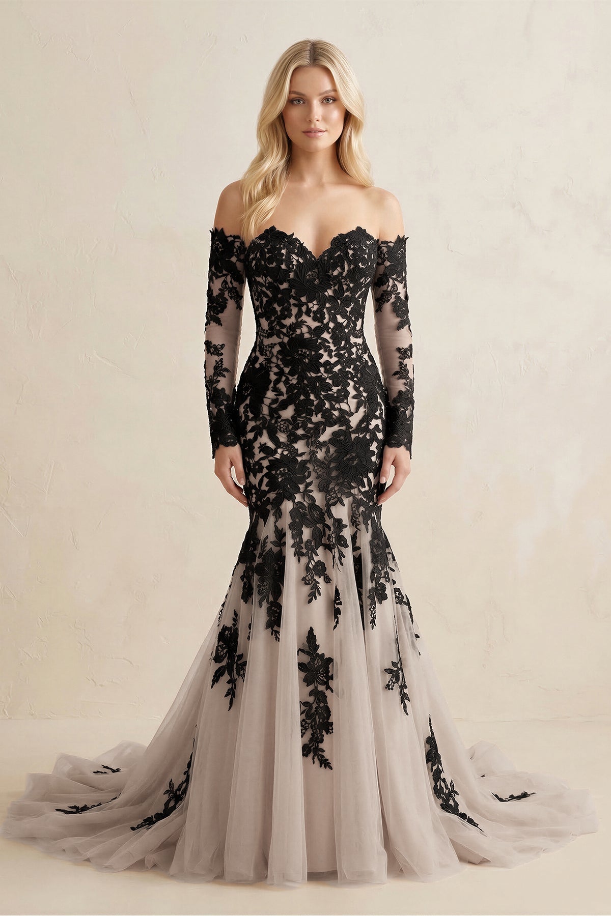 Robe de mariée noire en tulle coupe sirène à épaules dénudées ornée d’appliqués - Harana