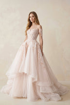 Robe de mariée rose longue à épaules dénudées manches longues en tulle - Harana