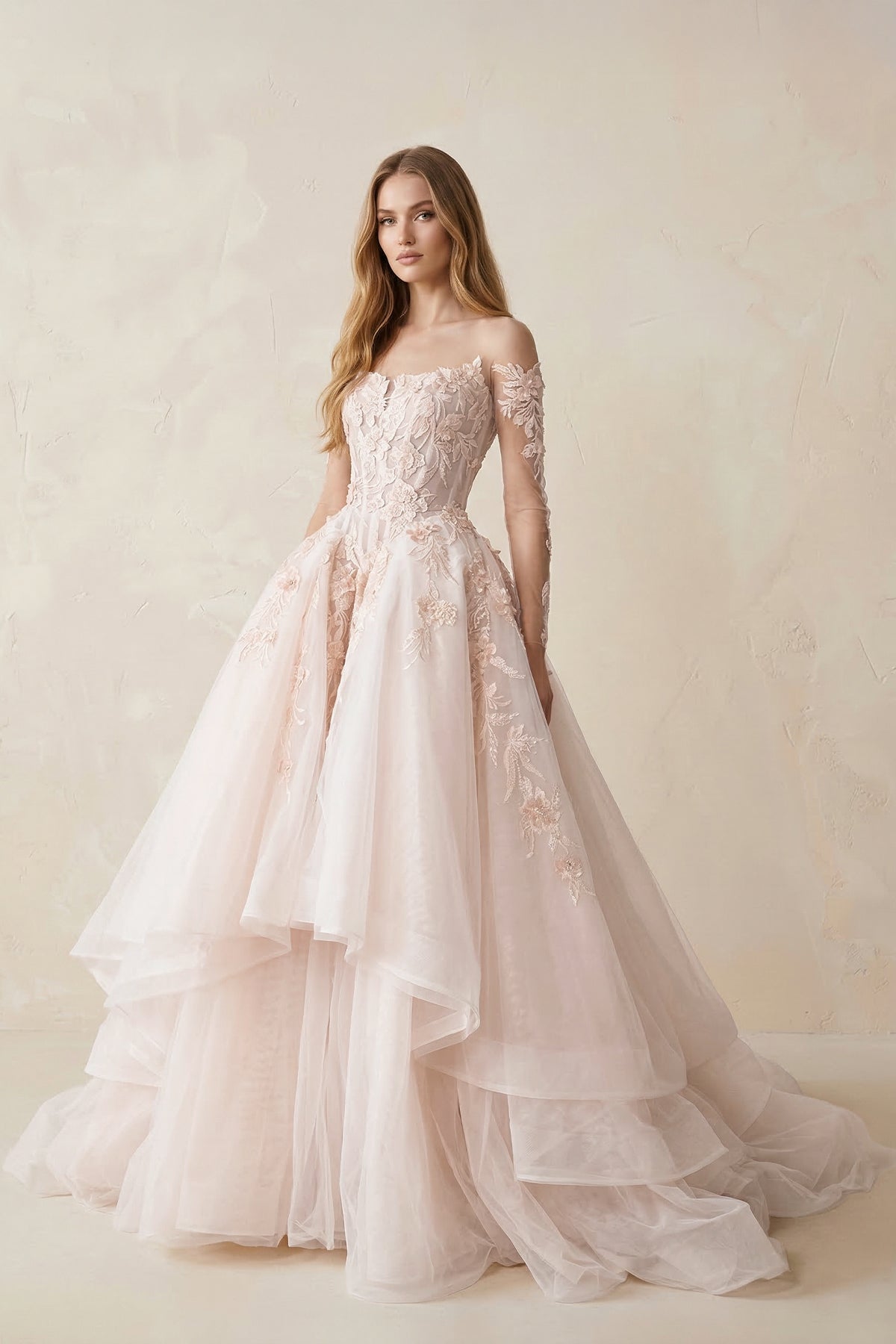 Robe de mariée rose longue à épaules dénudées manches longues en tulle - Harana