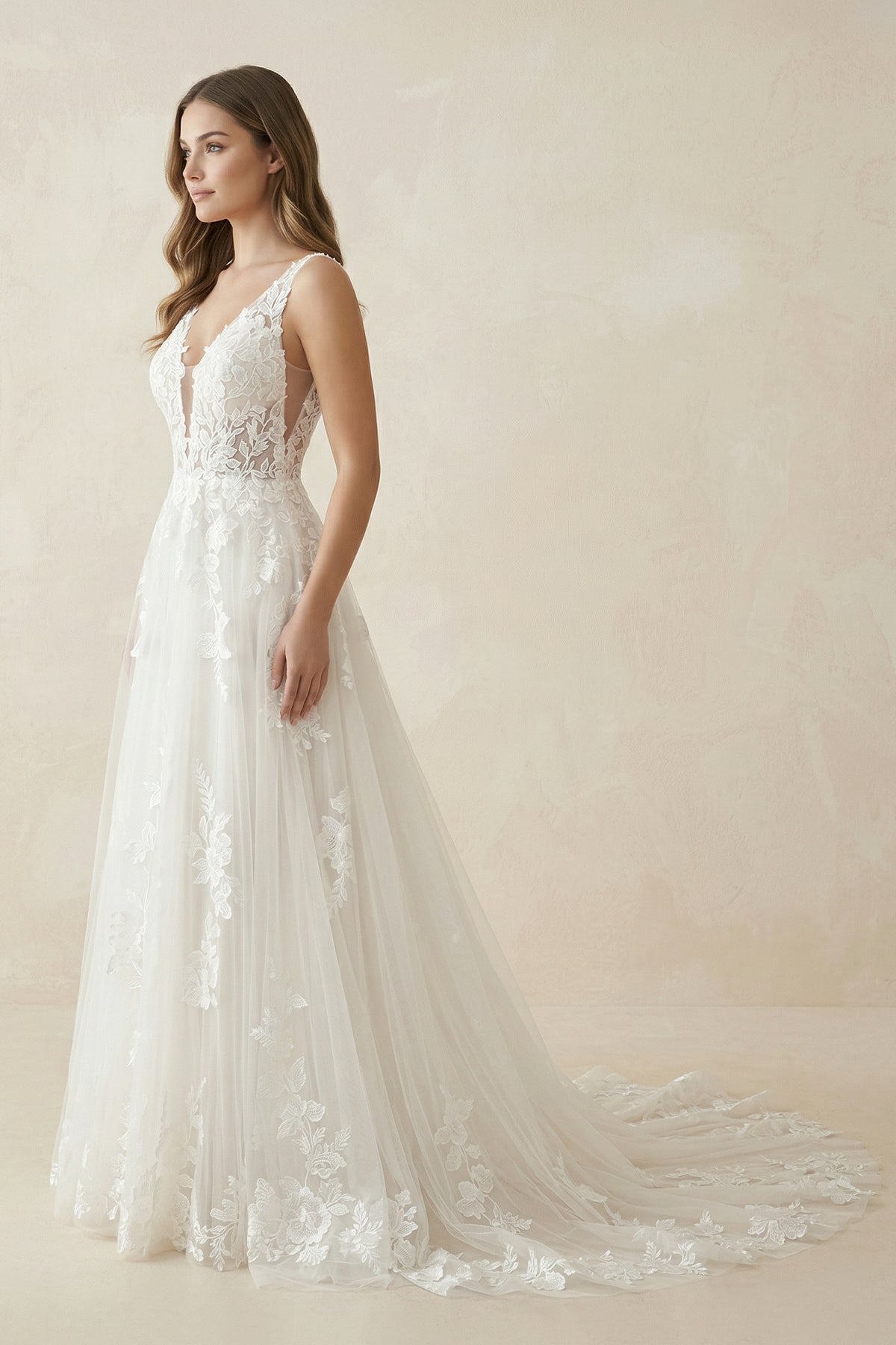 Robe de mariée blanche trapèze en tulle à col V sans manches - Harana