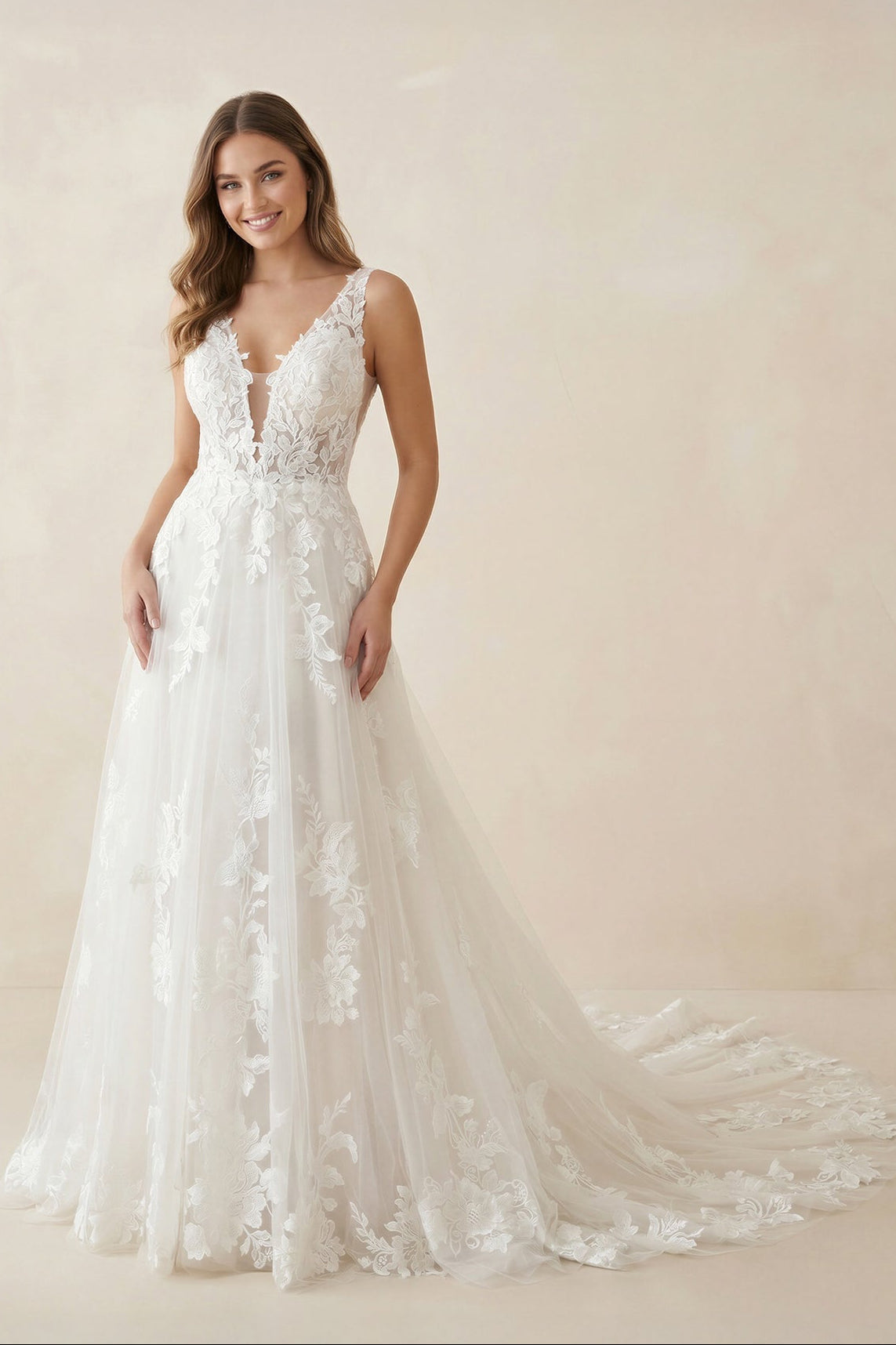 Robe de mariée blanche trapèze en tulle à col V sans manches - Harana