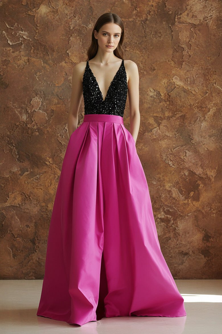 Robe longue black & fuchsia coupe princesse - Harana