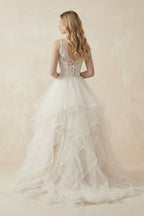 Robe de mariée blanc courte à fines bretelles sans manches à volants - Harana