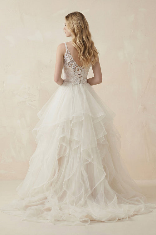 Robe de mariée blanc courte à fines bretelles sans manches à volants - Harana