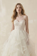 Robe de mariée blanc courte à fines bretelles sans manches à volants - Harana