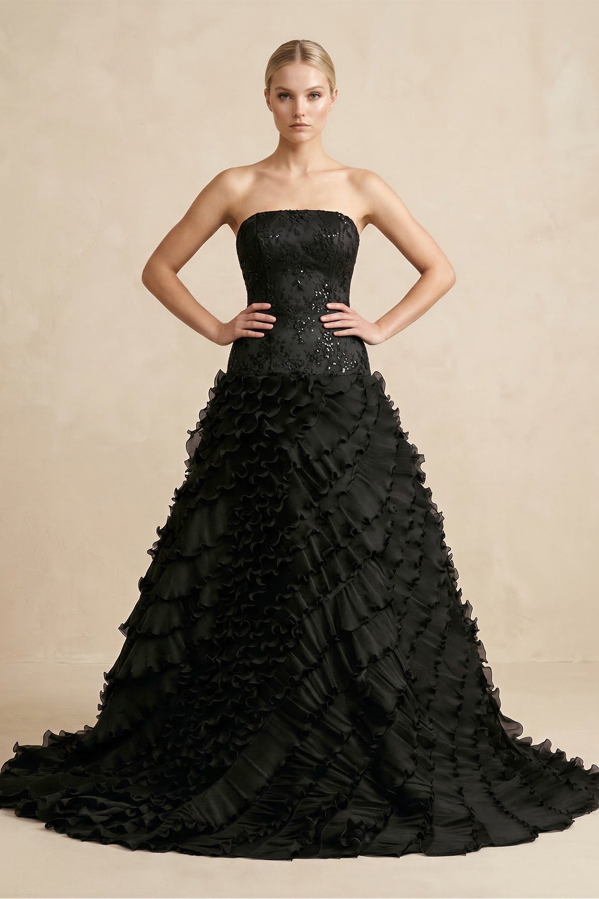 Robe de mariée noir longue bustier sans manches à volants - Harana